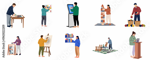 Vector Flat Illustration Set of People Engaged in Various Cognitive, Creative, and Leisure Activities like Puzzles, Art, and Games.