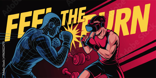 Futuristic VR boxing training illustration with female fighter versus virtual opponent, neon cyberpunk fitness concept, FEEL THE BURN text