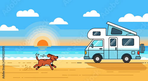 Beach scene with dog running beside camper van at sunset