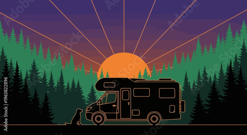 Motorhome parked near forest at sunset with dog