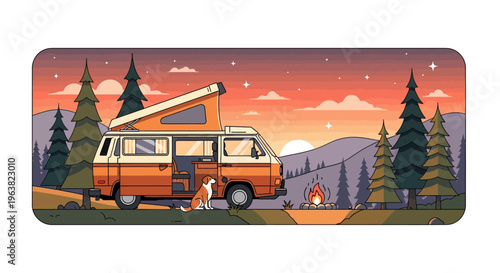Camping van with dog by campfire at sunset