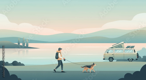 Man walking dog near camper van by lake