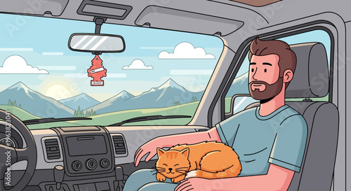 Man driving car with cat on lap