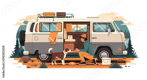 Camping van with dog and owner on outdoor adventure