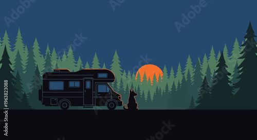 Motorhome parked beside dog in forest at sunset