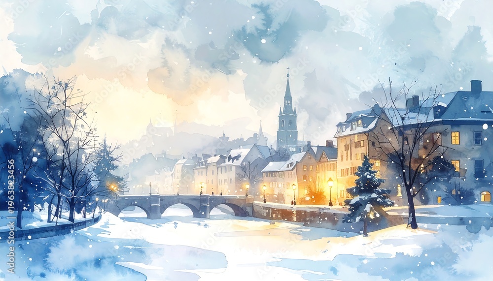 Obraz premium Snowy European town with river bridge and glowing evening lights in winter watercolor painting illustration