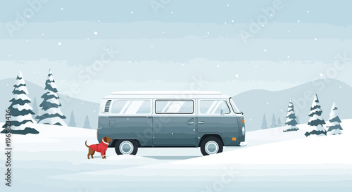 Winter van adventure with dog in snowy landscape