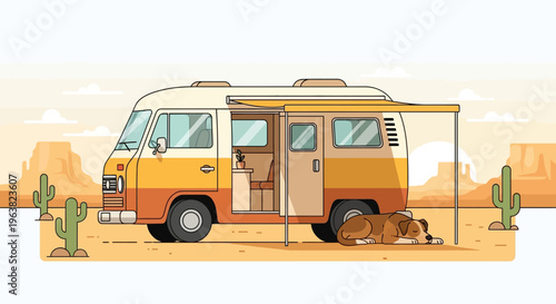 campervan with dog in desert landscape