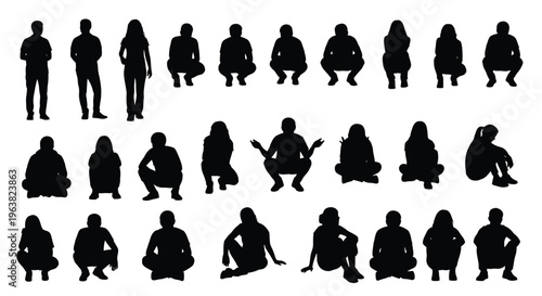 Collection of diverse human figure silhouettes showing standing squatting and sitting poses