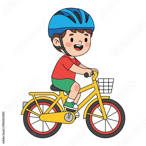 A cheerful young boy enjoys a delightful ride on his yellow bicycle, safely wearing a blue helmet, perfect for illustrating childhood fun and outdoor activities