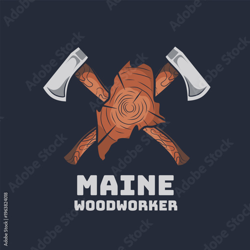 Maine Woodworker Logo with Crossed Axes and State Map
