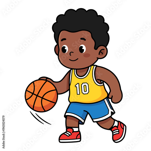 Young boy with dark skin, wearing a yellow basketball jersey with the number 10 and blue shorts, dribbling a basketball, illustration