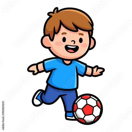 Cheerful cartoon boy joyfully playing soccer, kicking a red and white ball with an enthusiastic smile, perfect for illustrating children's active sports, fun playtime, and healthy outdoor activities