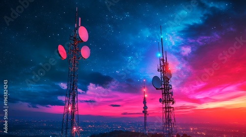 Telecommunication towers silhouetted against a vibrant colorful sunset sky