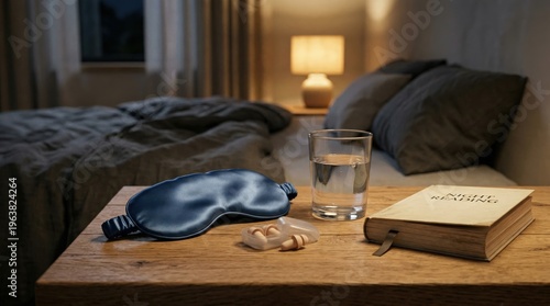 Bedside sleep routine with eye mask earplugs glass of water and book