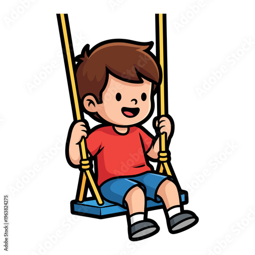 Happy young boy joyfully swinging on a swing set in a park or backyard, enjoying outdoor playtime