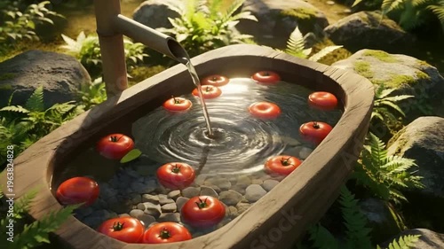 Fresh Organic Tomatoes Floating in Clear Water Bamboo Fountain Traditional Garden Natural Light Scene