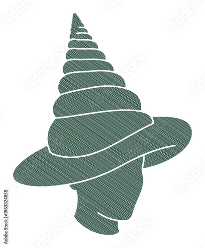 Abstract representation of a conical hat with a wide brim, depicted with textured lines
