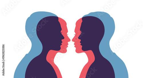 Vector graphic illustration concept depicting two mirrored human silhouettes facing each other in layered colors