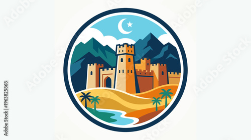 Stylized Castle with Mountains and Crescent Moon Design