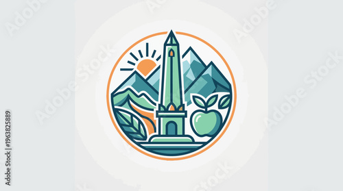 Vibrant Circular Emblem Featuring a Monument and Nature