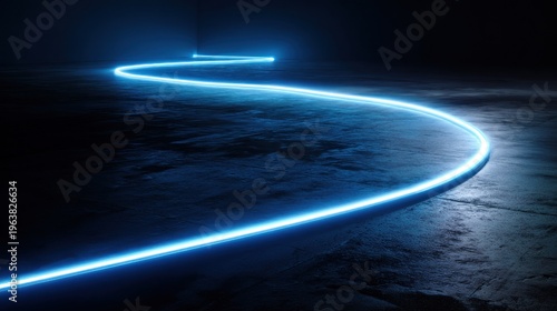 Abstract blue light trail curving across dark space futuristic technology