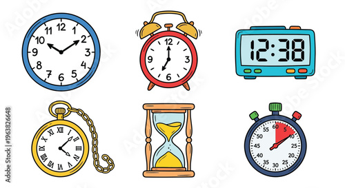 Colorful illustration featuring a variety of timekeeping devices