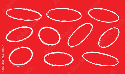 Hand drawn black and white oval shapes collection. Sketchy Ellipse Set: A series of hand-drawn ellipses in varying styles, offering a versatile