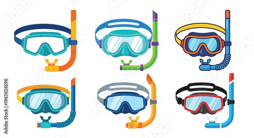 Colorful snorkeling masks and snorkels in a flat cartoon illustration