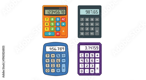 Four colorful calculators displaying different numbers on their screens