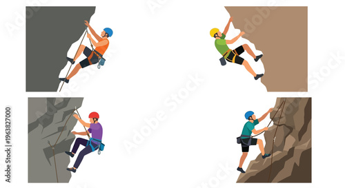 Four rock climbers ascending varying rock face heights in a vector illustration