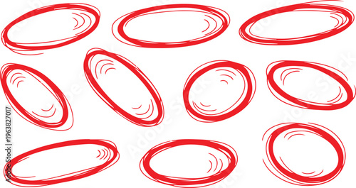 Hand drawn black and white oval shapes collection. Sketchy Ellipse Set: A series of hand-drawn ellipses in varying styles, offering a versatile