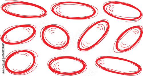 Hand drawn black and white oval shapes collection. Sketchy Ellipse Set: A series of hand-drawn ellipses in varying styles, offering a versatile