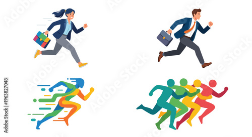 Professionals rushing and abstract figures in dynamic motion