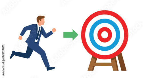 A businessman runs toward a target symbolizing ambition and goal achievement