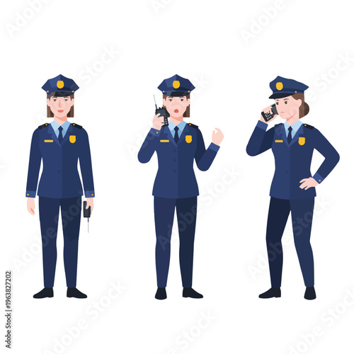 Female police officer in uniform with key and radio