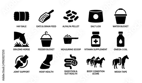 Equine nutrition and care icons: comprehensive collection for effective horse management