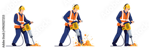 Construction worker using jackhammer with transparent background
