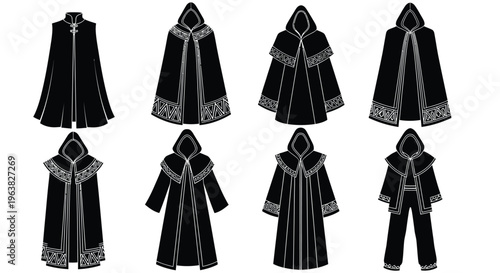 Collection of black medieval hooded and sleeveless cloak designs for fantasy costume illustration