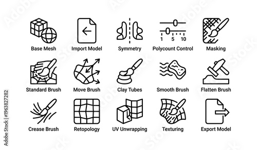 3d modeling tools: icons for mesh, brushes, and texturing techniques