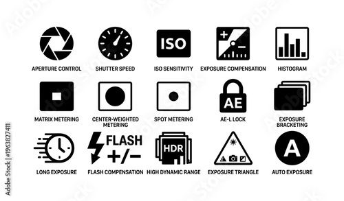 Photography icon set: aperture, iso, exposure, metering, hdr, auto