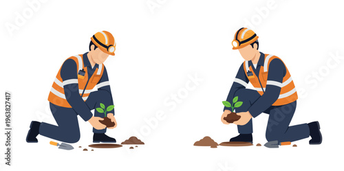 Worker planting seedling with shovel