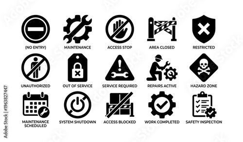 Safety and maintenance icon set: no entry, access stop, hazard zone, system shutdown
