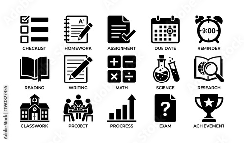 Education icons set featuring checklist, homework, assignment, due date, reminder, and more