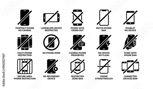 Black and white icon set representing mobile device restrictions and bans