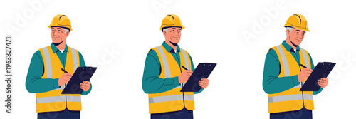 Construction worker with clipboard, multiple views