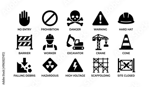 Construction safety icons: no entry, prohibition, danger, warning, hard hat