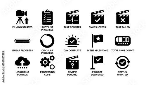Filmmaking icons: clapperboard, progress bars, project flags, checklist, camera