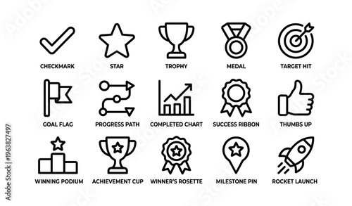 Achievement icons collection featuring awards, medals, and trophies in line art style