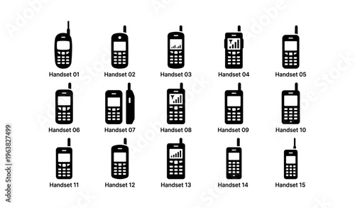 Illustration of various iconic mobile phone designs with antennas and numeric keypads